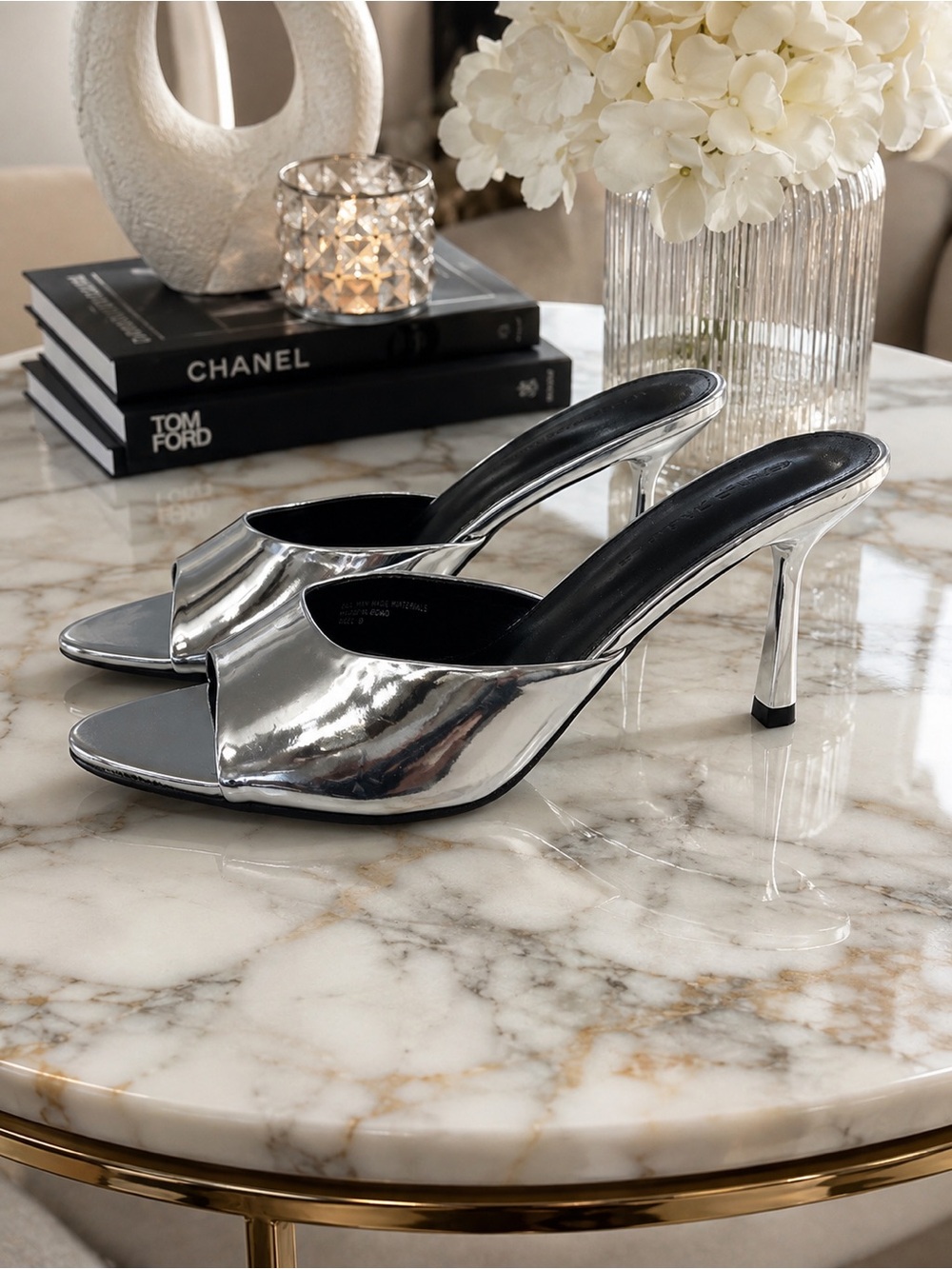 Wild Diva Silver Metallic Open-Toe Stiletto Mules